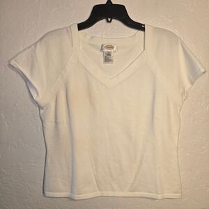 Talbots Knit Top Large Petite Women White V-Neck Short Sleeve CottonStretch